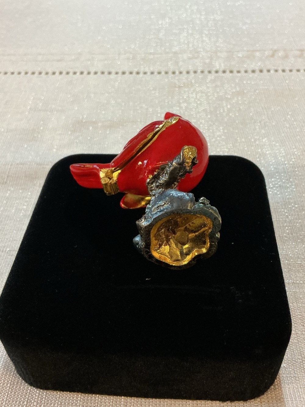 Red Cardinal Figural Enameled Gold Tone Hinged Trinket Box - Picture 6 of 7